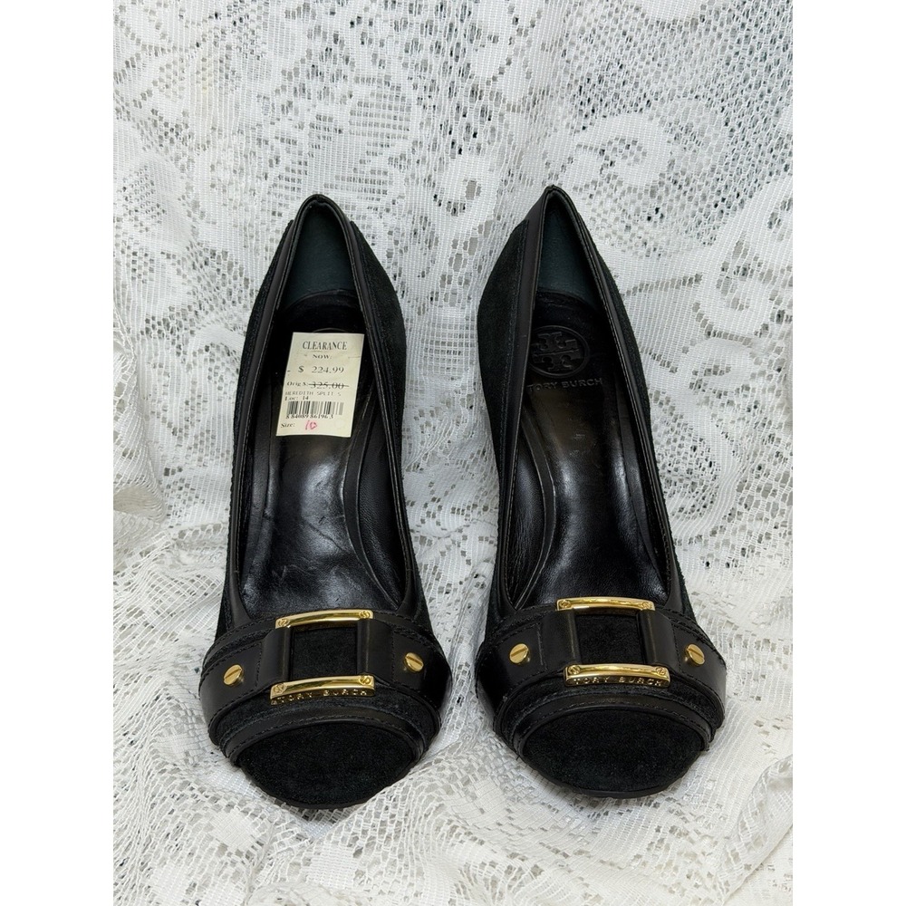 Tory Burch Meredith Split Wedge Pumps Black Suede Leather Gold 10M